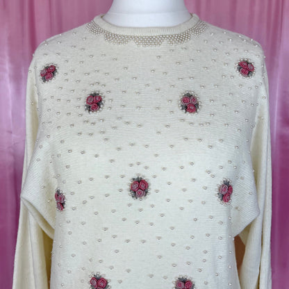 1980s cream beaded jumper, by Honey, size 12