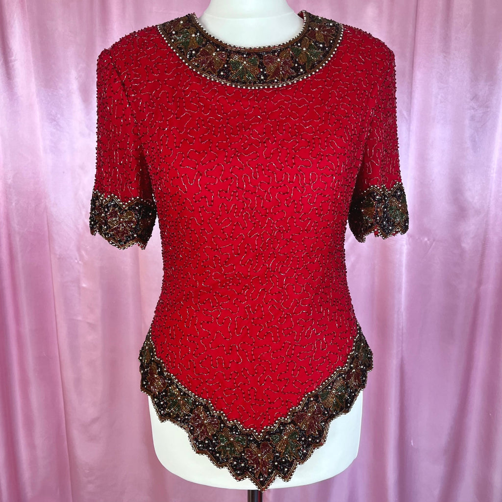 1980s Red beaded top, by Laurence Kazan, size 6