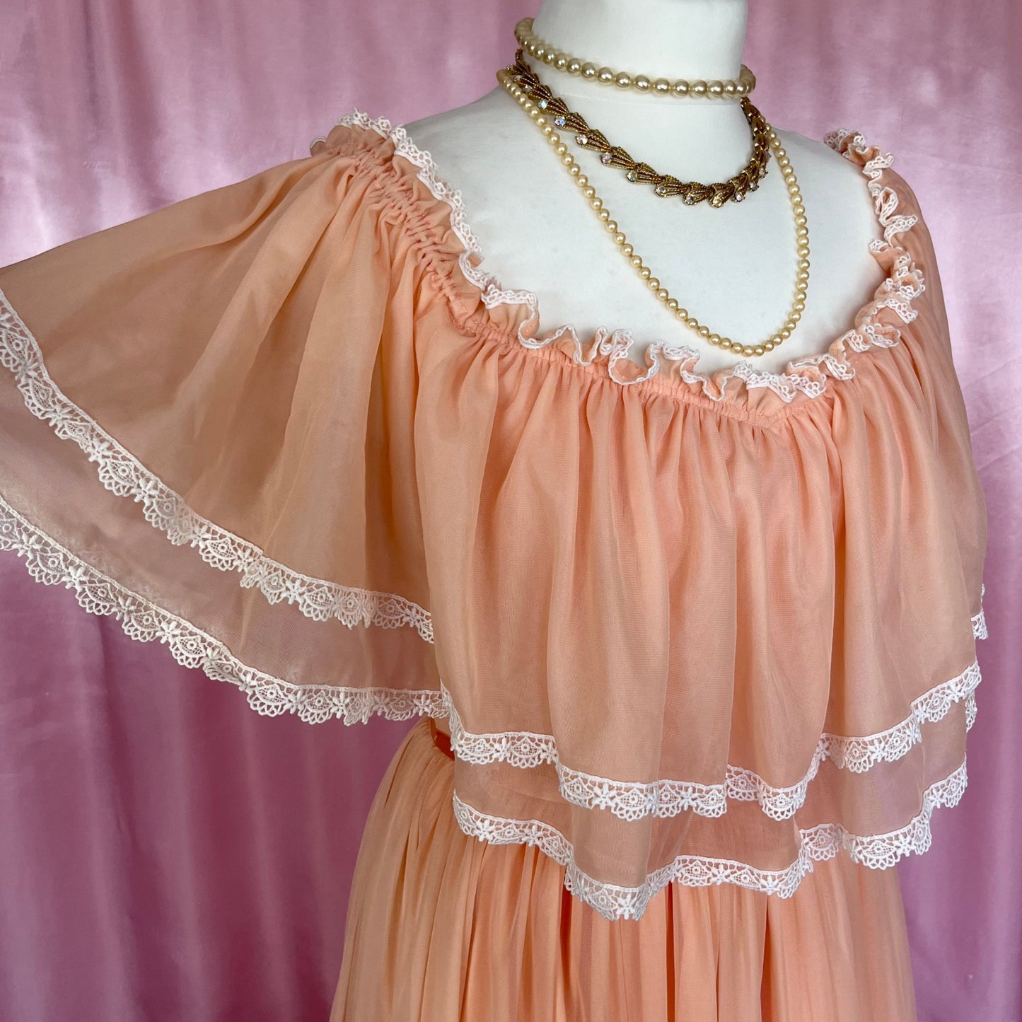 1980 Peach off shoulder dress, unbranded, size 8