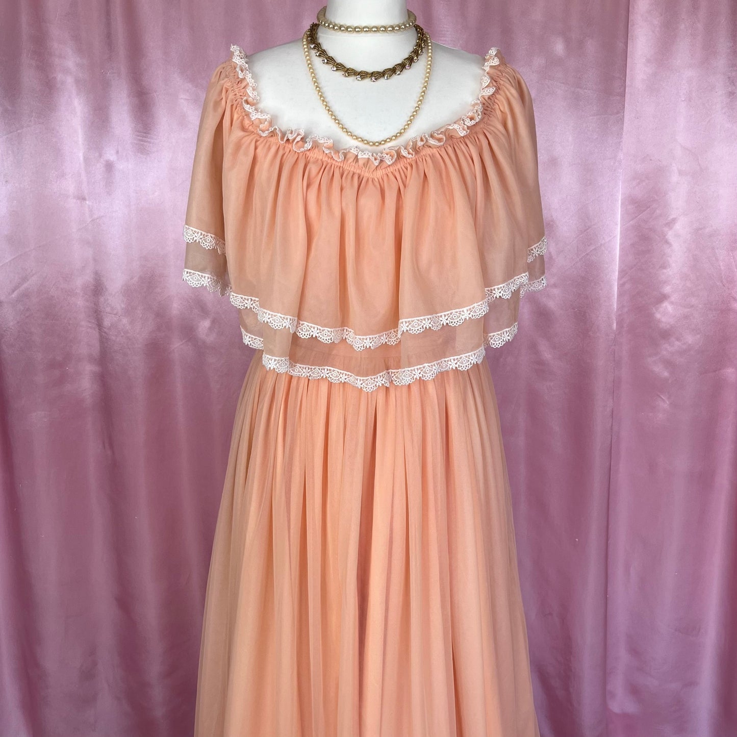 1980 Peach off shoulder dress, unbranded, size 8