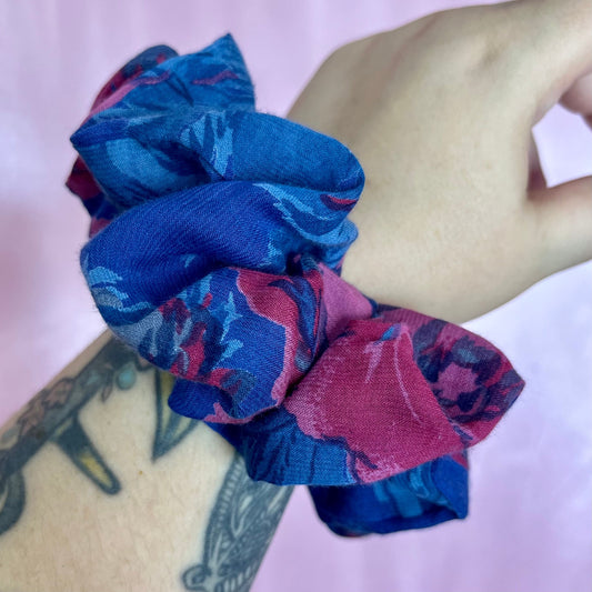 Reworked handmade blue & pink floral scrunchie