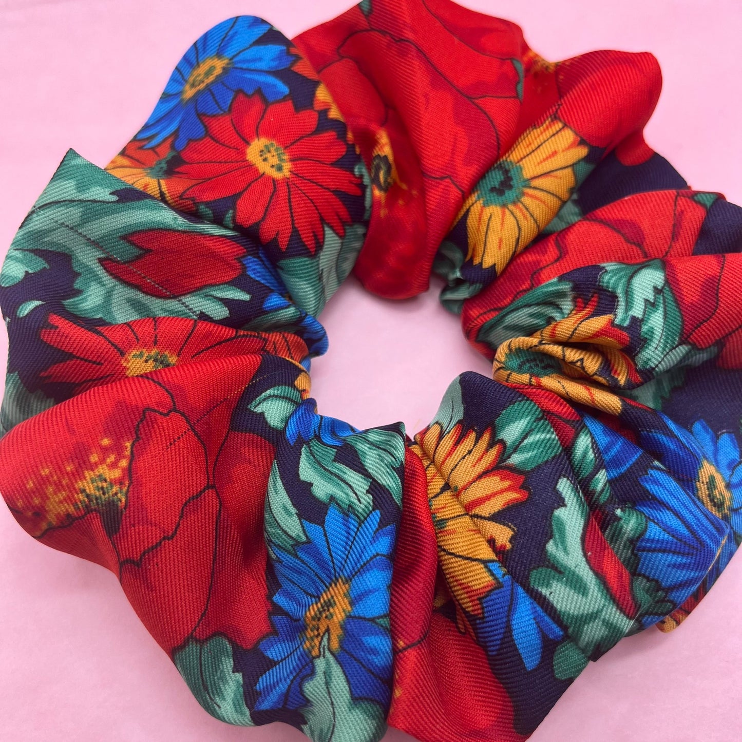 Reworked handmade blue & red floral scrunchie