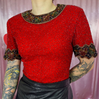 1980s Red beaded top, by Laurence Kazan, size 6