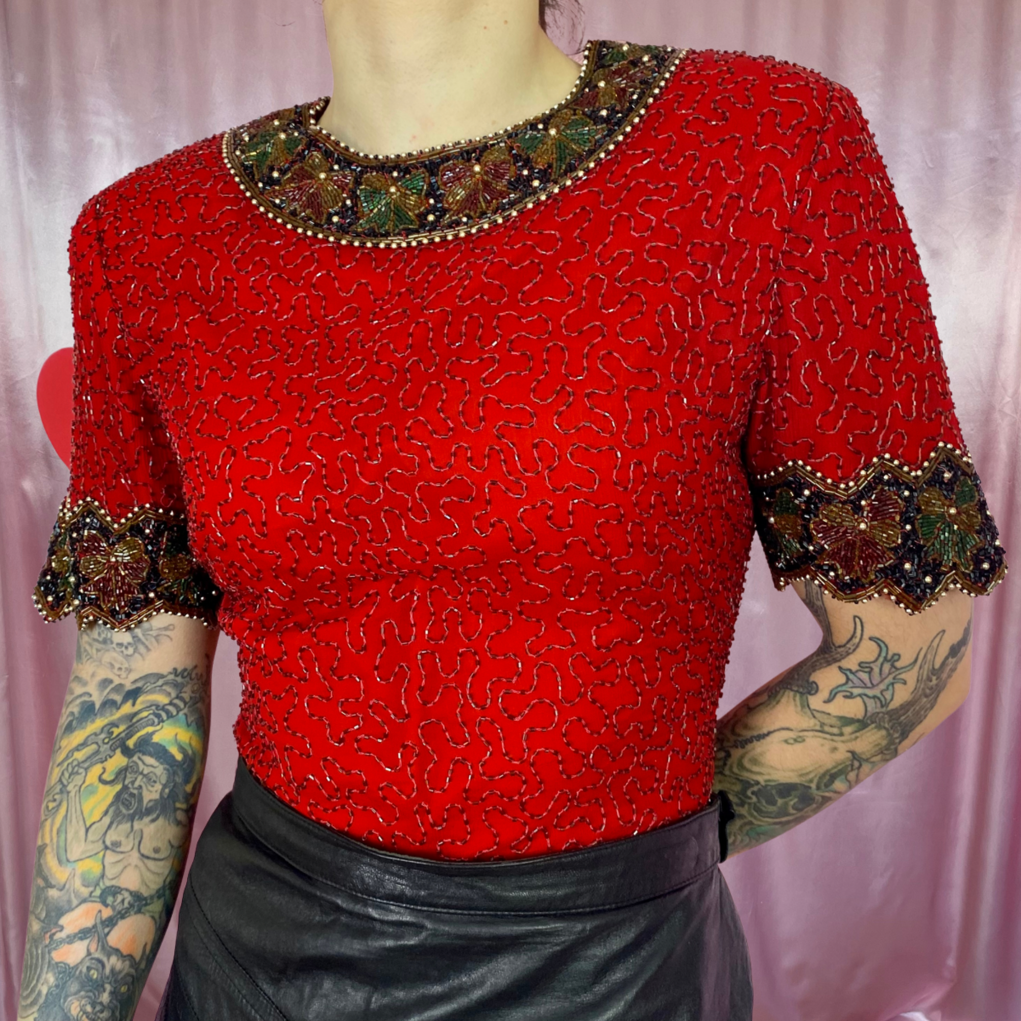 1980s Red beaded top, by Laurence Kazan, size 6