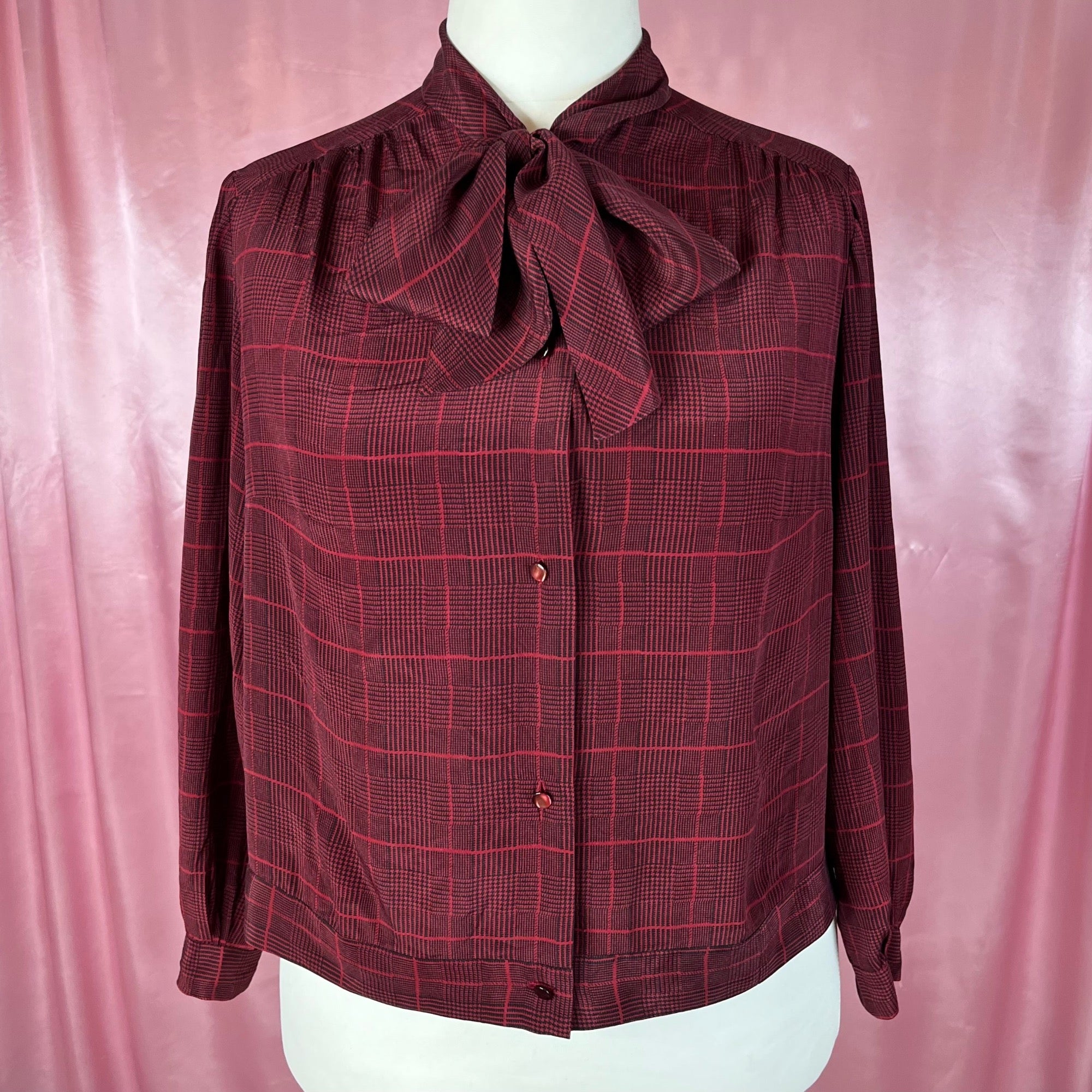 1980s Plaid pussy bow blouse, unbranded, size 16