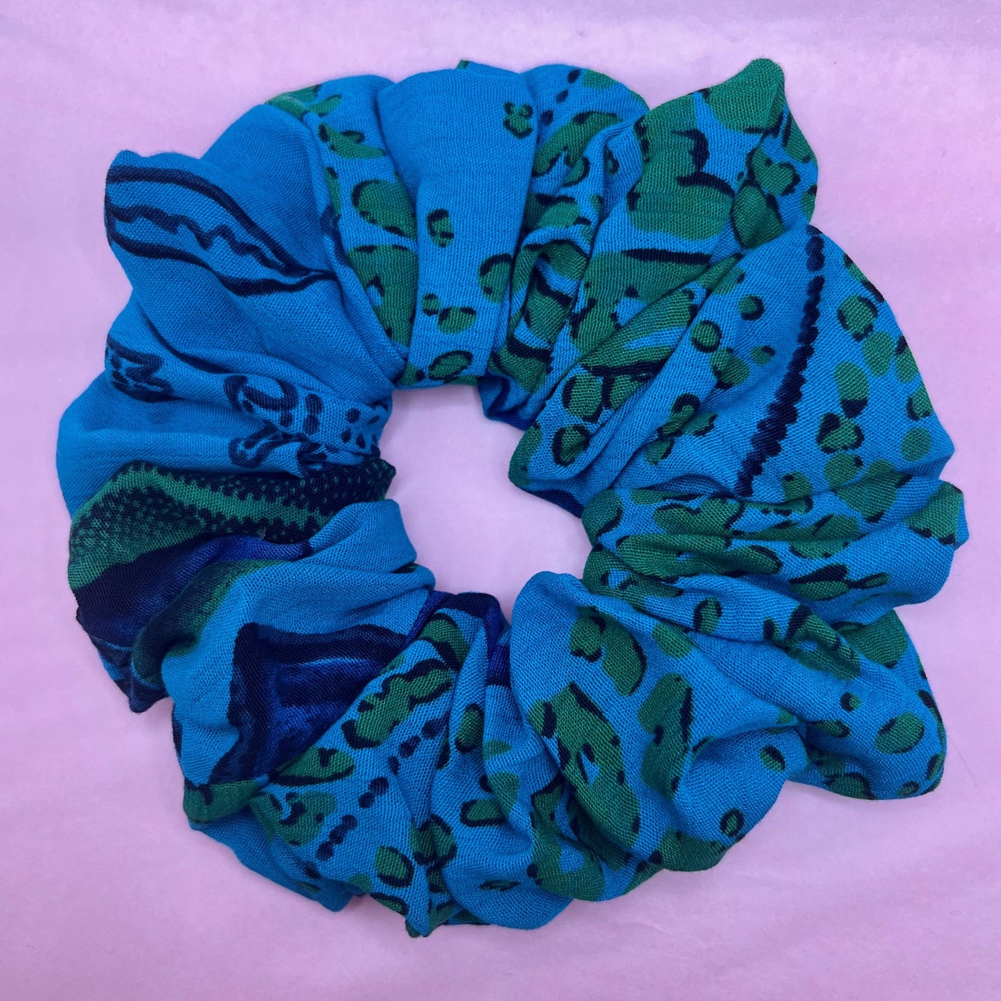 Reworked handmade blue patterned scrunchie