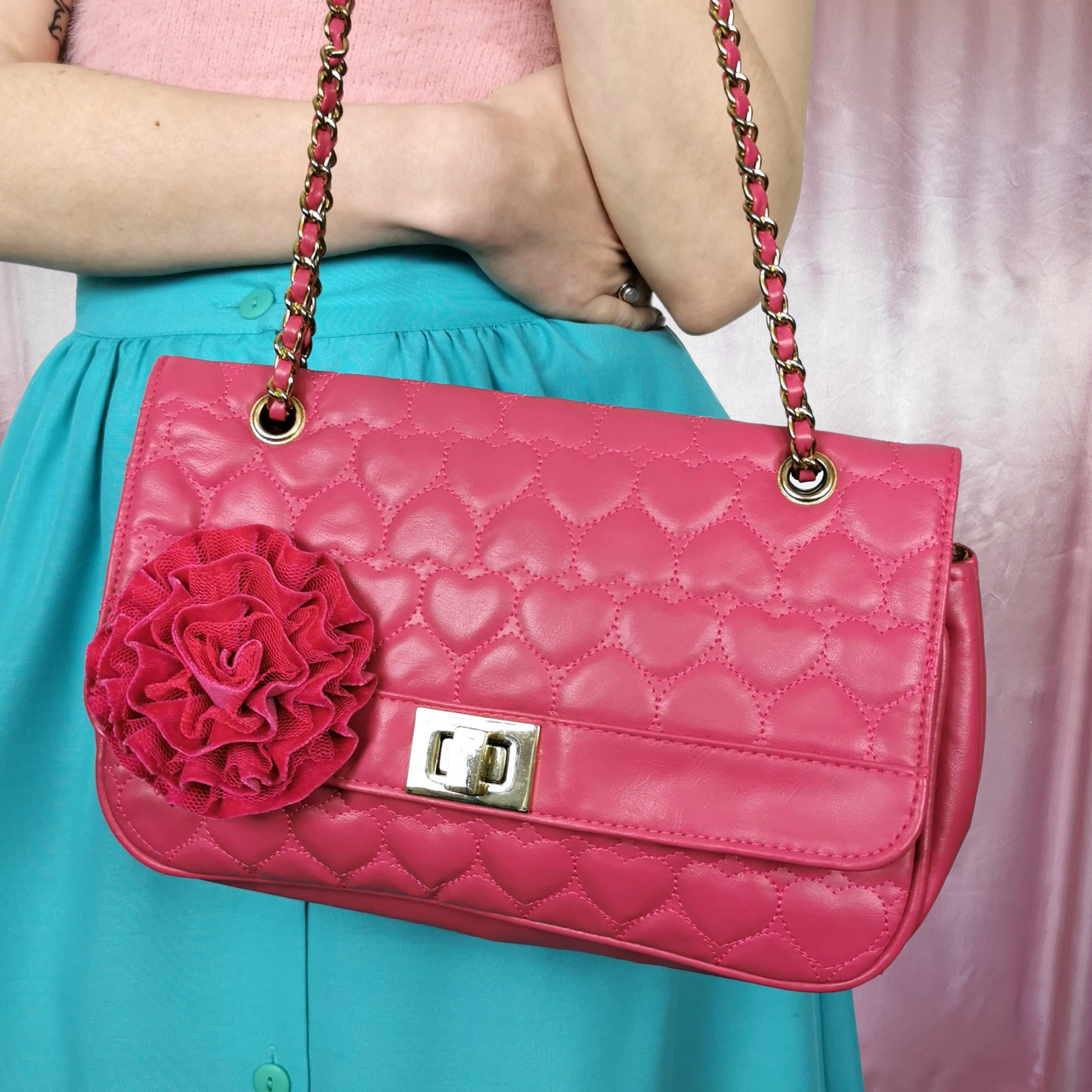 Y2K Bright Pink Quilted Faux Leather Bag With Rose Corsage