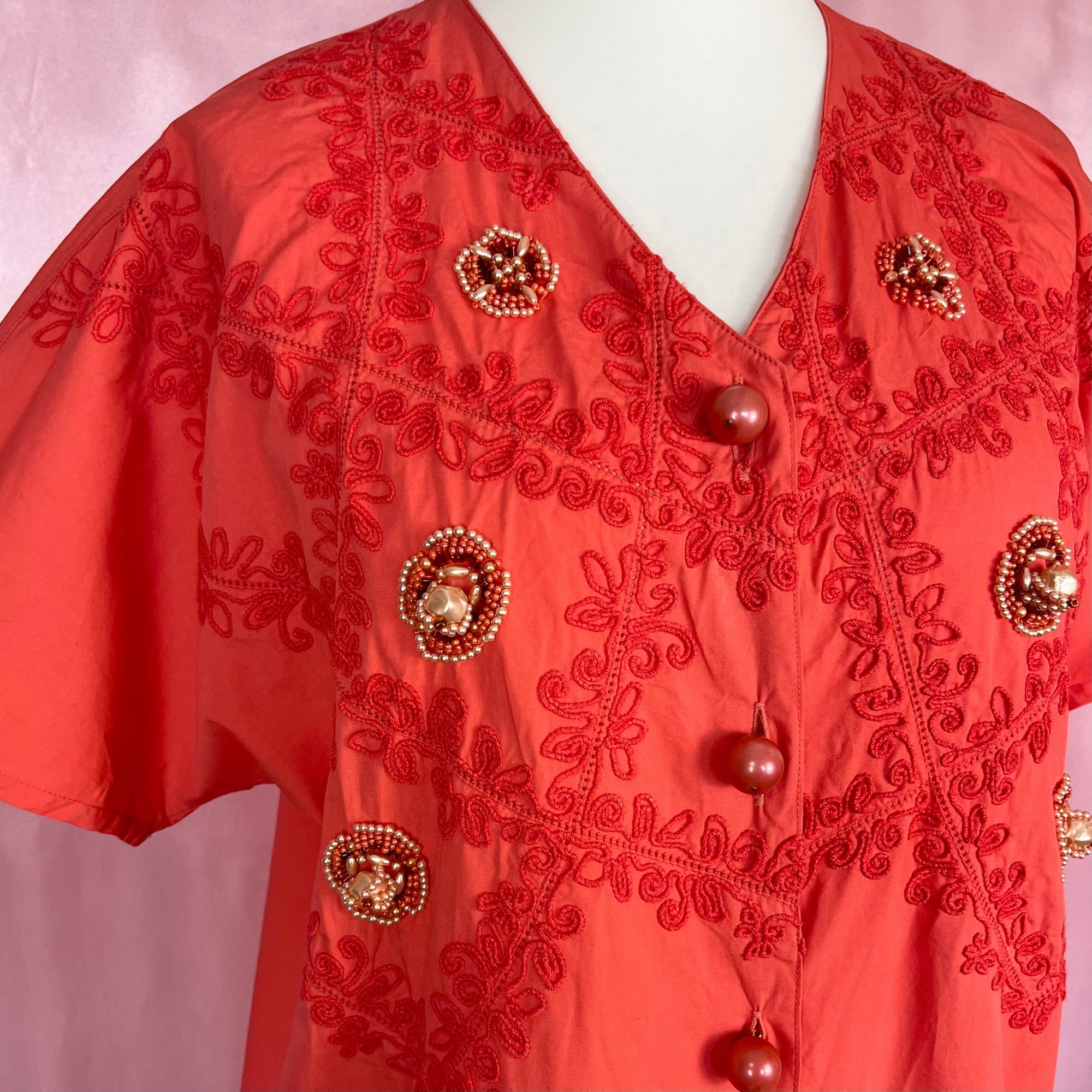 1980s red embroidered dress, by Donatella, size 14