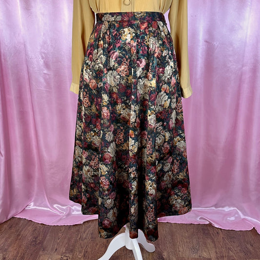 1980s Silky floral midi skirt, Handmade, size 12