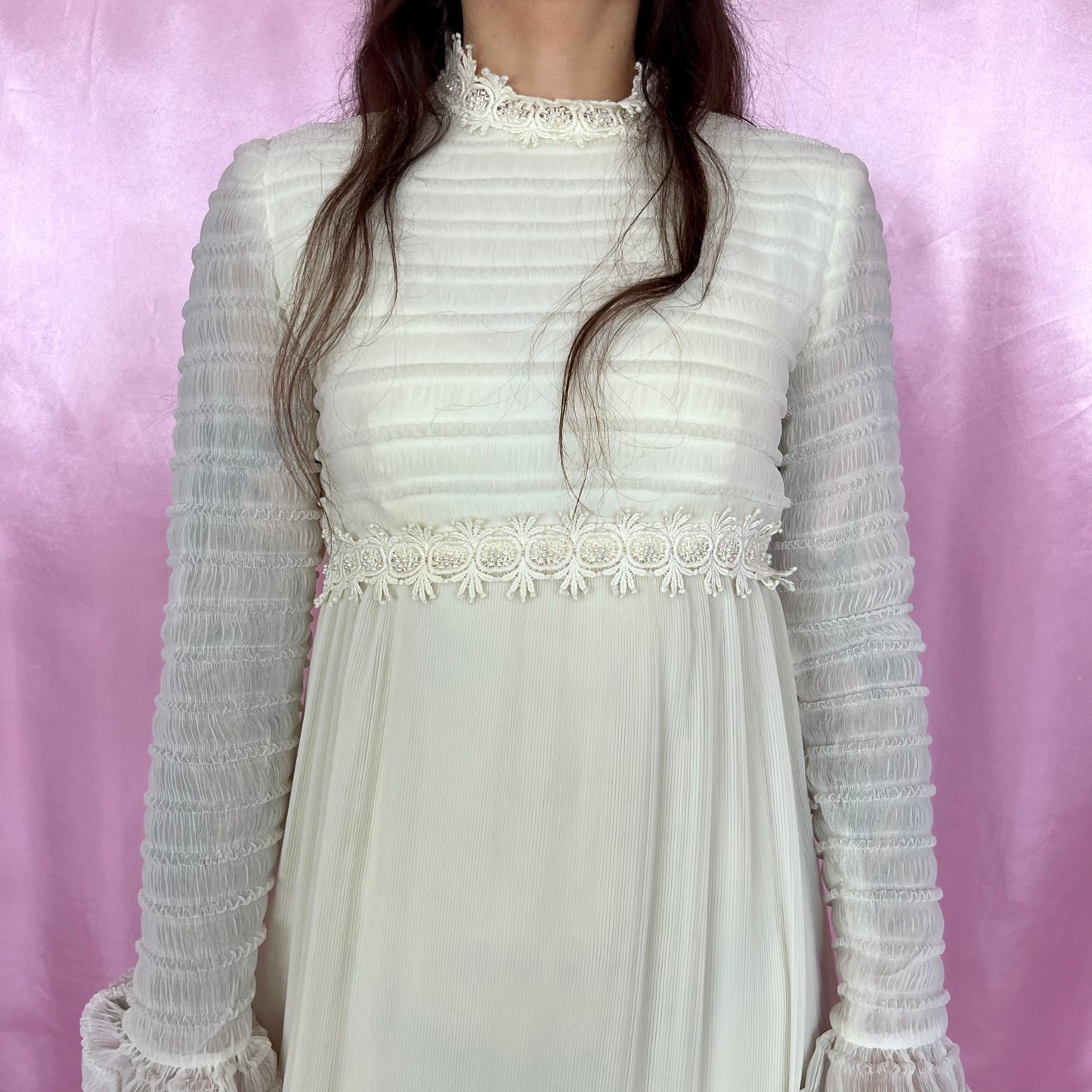 1970s cream boho wedding dress, ILGWU, size 6