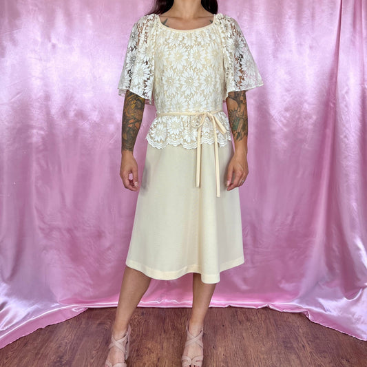 1970s beige lace dress, by Dandi @ Berketex, size 8