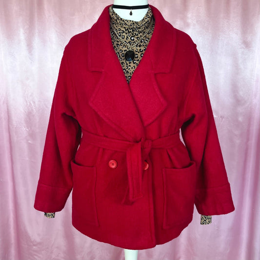 1980s belted Red wool coat, unbranded, size 16