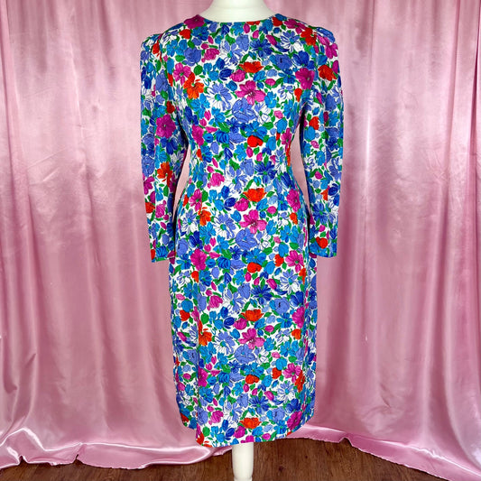1980s long sleeve floral dress, handmade, size 14