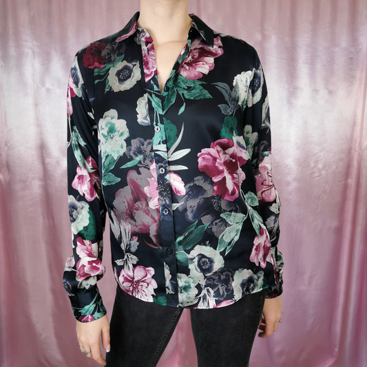 1990s navy floral silky blouse, by M&S, size 10