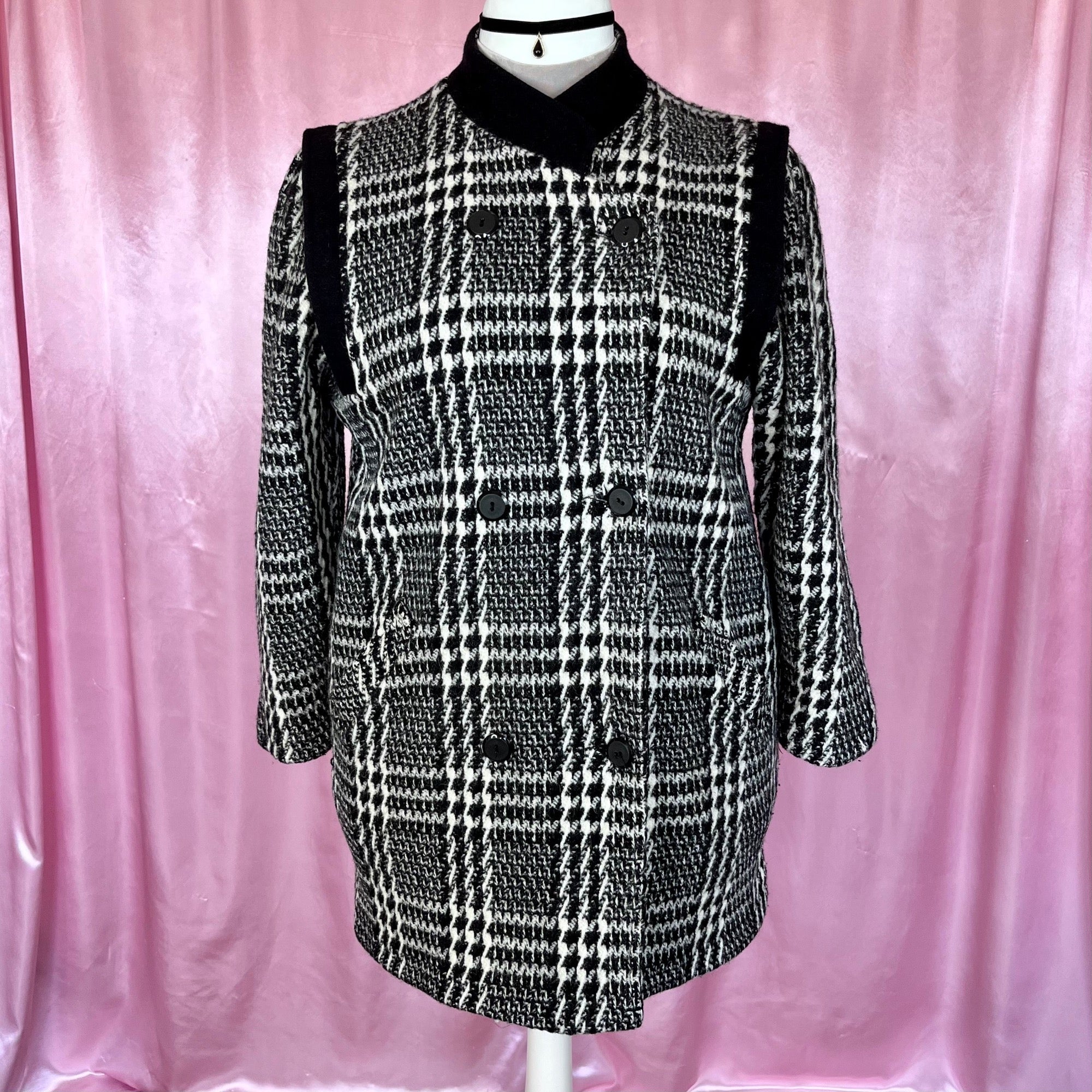 1980s Black White plaid coat by David Barry UK 18