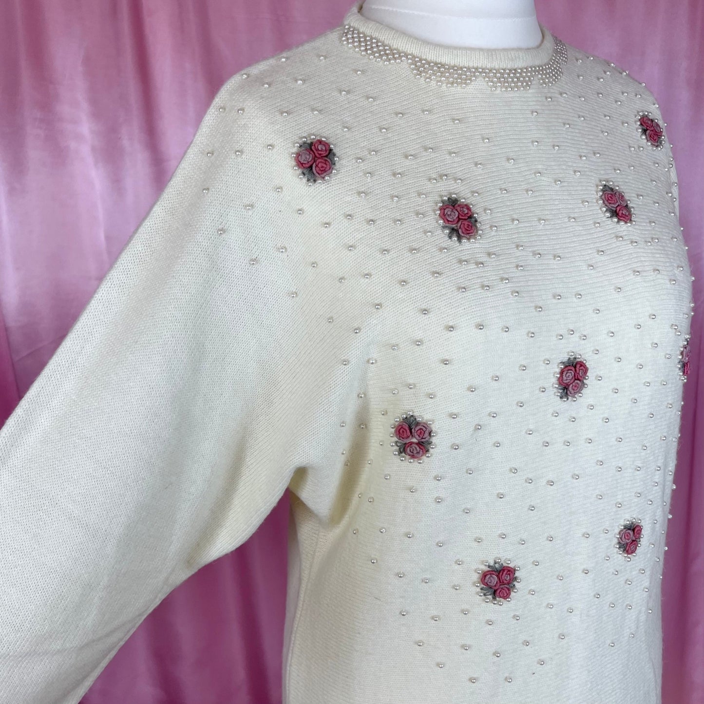 1980s cream beaded jumper, by Honey, size 12