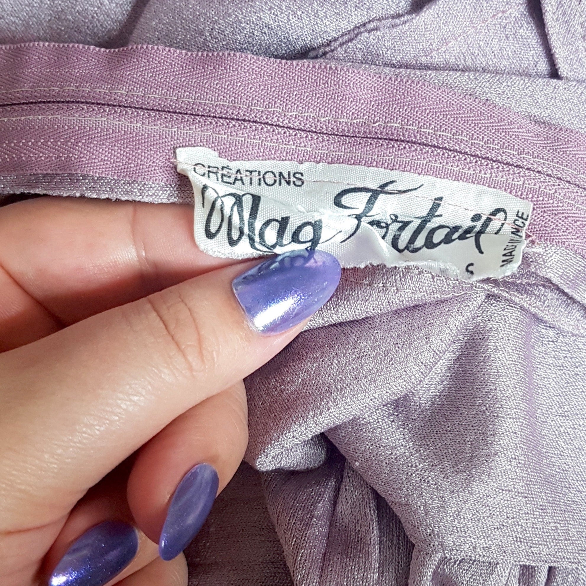 1970s lilac pleated dress, by Mag Fortail Paris, size 10